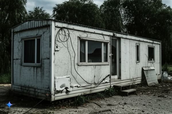 Dilapidated portable office, need for renovation, outdated structure